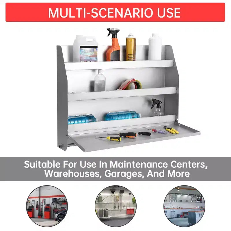 Armadietto portaoggetti da parete in alluminio per workstation, con piano di lavoro ribaltabile, vassoi porta attrezzi, organizer per garage, rimorchio, officina