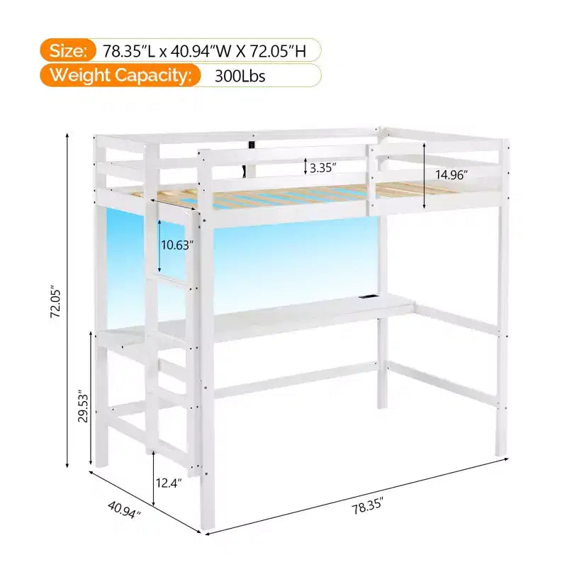 Letto a soppalco con scrivania, letto a castello in legno con illuminazione LED RGB per adulti, 2 stazioni di ricarica su spondina alta e scrivania, supporto a doghe in legno, bianco