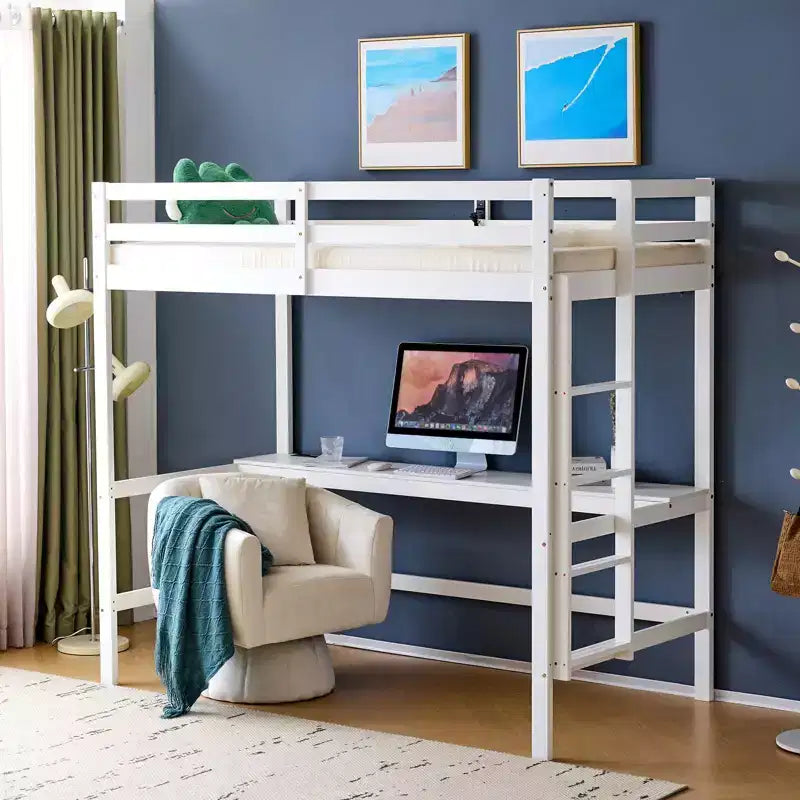 Letto a soppalco con scrivania, letto a castello in legno con illuminazione LED RGB per adulti, 2 stazioni di ricarica su spondina alta e scrivania, supporto a doghe in legno, bianco