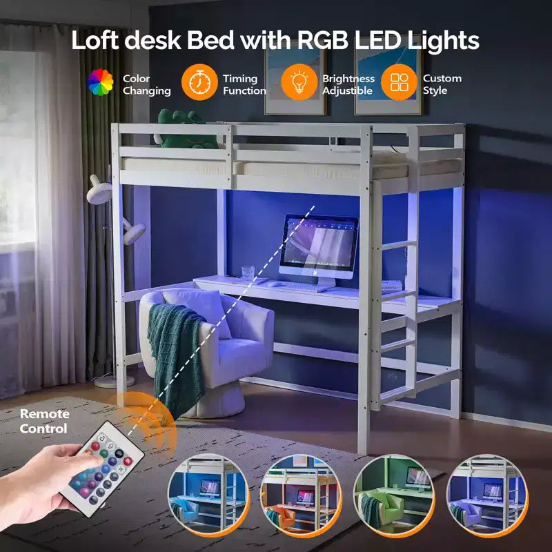 Letto a soppalco con scrivania, letto a castello in legno con illuminazione LED RGB per adulti, 2 stazioni di ricarica su spondina alta e scrivania, supporto a doghe in legno, bianco