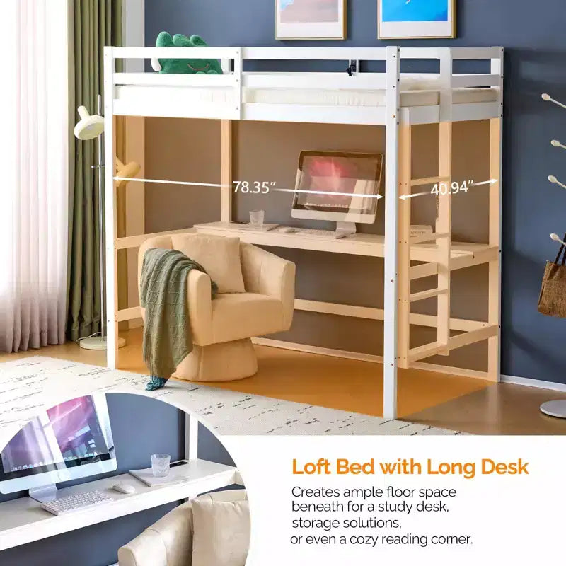 Letto a soppalco con scrivania, letto a castello in legno con illuminazione LED RGB per adulti, 2 stazioni di ricarica su spondina alta e scrivania, supporto a doghe in legno, bianco