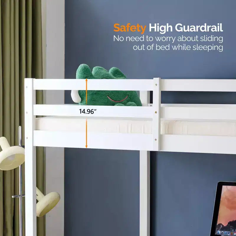 Letto a soppalco con scrivania, letto a castello in legno con illuminazione LED RGB per adulti, 2 stazioni di ricarica su spondina alta e scrivania, supporto a doghe in legno, bianco
