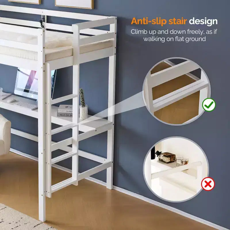 Letto a soppalco con scrivania, letto a castello in legno con illuminazione LED RGB per adulti, 2 stazioni di ricarica su spondina alta e scrivania, supporto a doghe in legno, bianco
