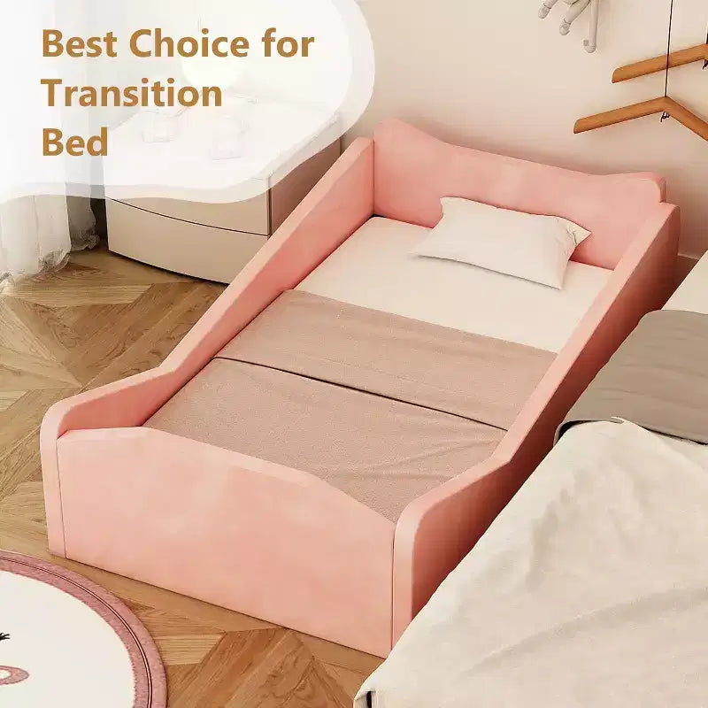 Lettino per Bambini, Letto a Pavimento con Sponda di Sicurezza, Lettino per Bambini Montessori con Forme a Orecchio di Animale, Rosa