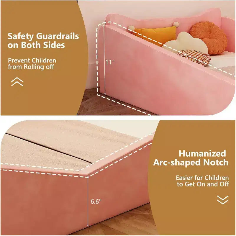 Lettino per Bambini, Letto a Pavimento con Sponda di Sicurezza, Lettino per Bambini Montessori con Forme a Orecchio di Animale, Rosa