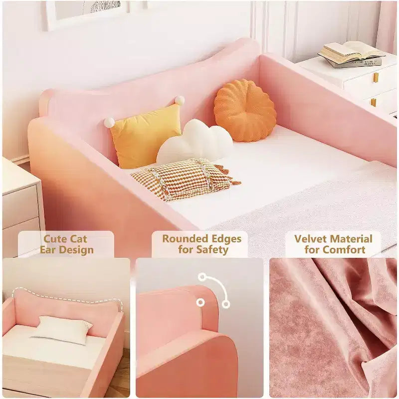 Lettino per Bambini, Letto a Pavimento con Sponda di Sicurezza, Lettino per Bambini Montessori con Forme a Orecchio di Animale, Rosa