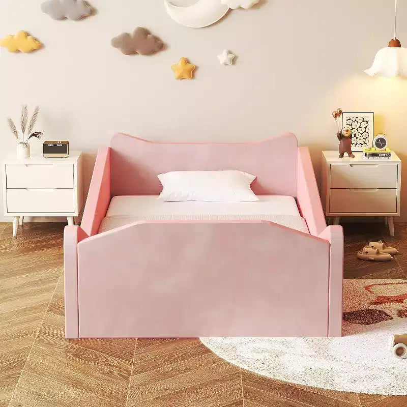 Lettino per Bambini, Letto a Pavimento con Sponda di Sicurezza, Lettino per Bambini Montessori con Forme a Orecchio di Animale, Rosa