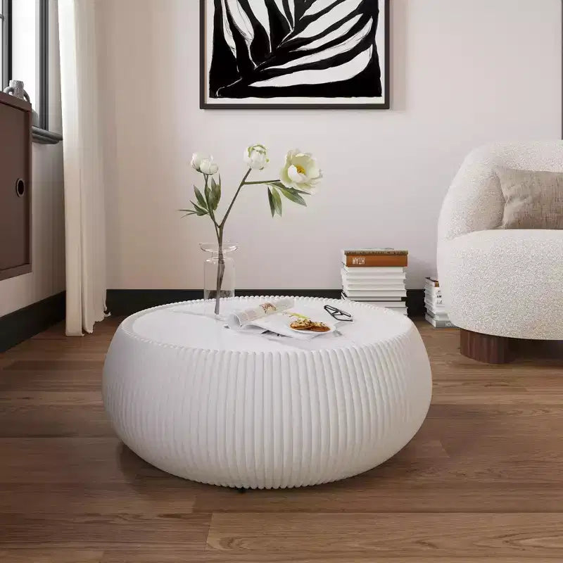Tavolino Moderno Rotondo a Tamburo con Piano in Marmo e Lato in Pelle, Tavolino da Salotto alla Moda per Soggiorno, Camera da Letto