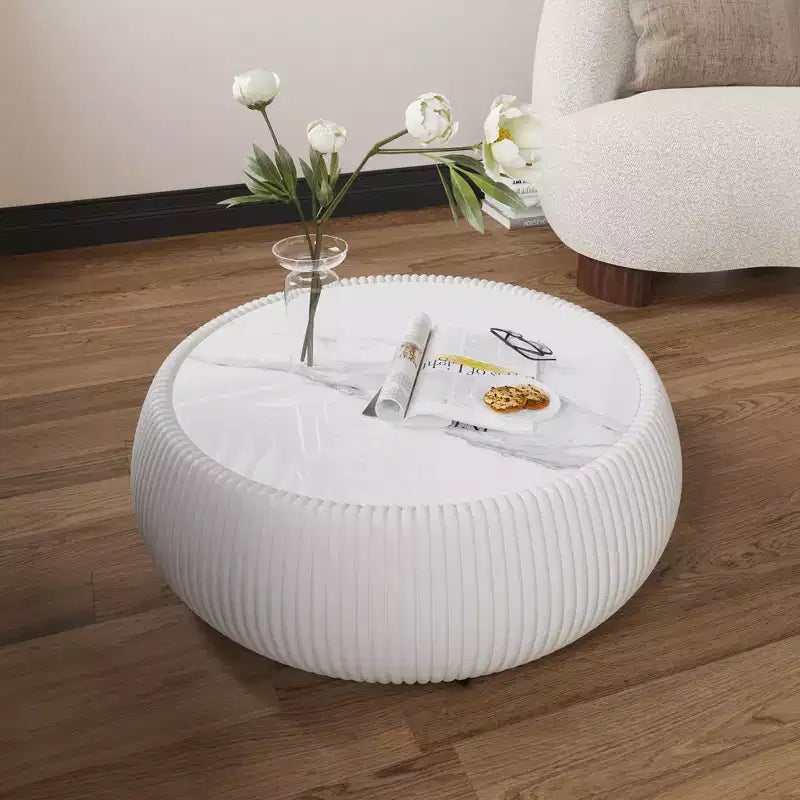 Tavolino Moderno Rotondo a Tamburo con Piano in Marmo e Lato in Pelle, Tavolino da Salotto alla Moda per Soggiorno, Camera da Letto
