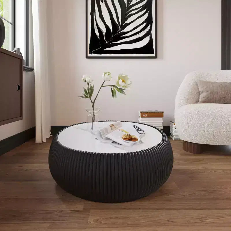 Tavolino Moderno Rotondo a Tamburo con Piano in Marmo e Lato in Pelle, Tavolino da Salotto alla Moda per Soggiorno, Camera da Letto