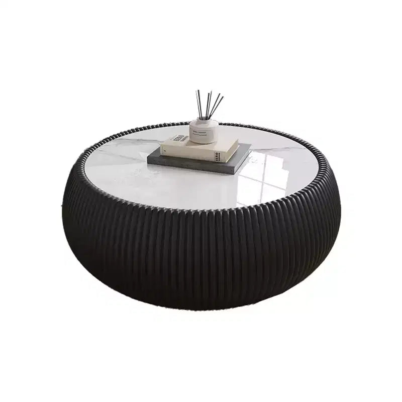 Tavolino Moderno Rotondo a Tamburo con Piano in Marmo e Lato in Pelle, Tavolino da Salotto alla Moda per Soggiorno, Camera da Letto
