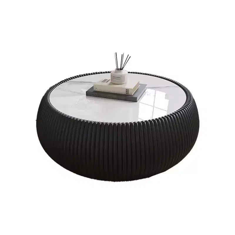 Tavolino Moderno Rotondo a Tamburo con Piano in Marmo e Lato in Pelle, Tavolino da Salotto alla Moda per Soggiorno, Camera da Letto