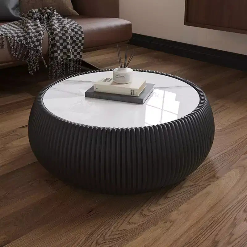 Tavolino Moderno Rotondo a Tamburo con Piano in Marmo e Lato in Pelle, Tavolino da Salotto alla Moda per Soggiorno, Camera da Letto