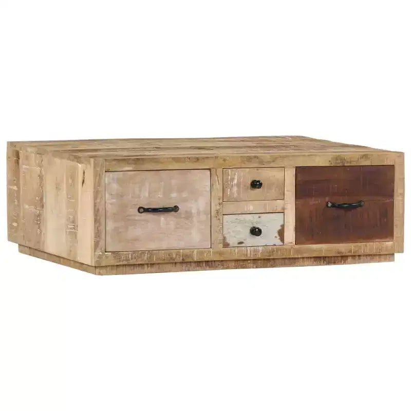 Tavolino da salotto con 4 cassetti - Mobile fatto a mano in legno massello di mango - Elegante design rustico per soggiorno - Tavolino da divano marrone
