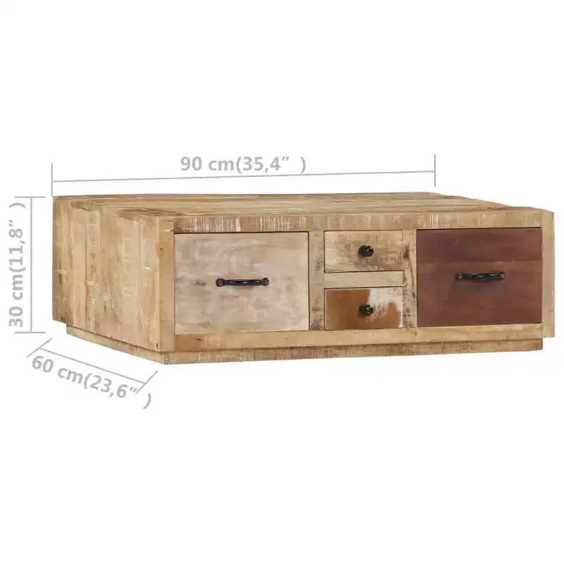 Tavolino da salotto con 4 cassetti - Mobile fatto a mano in legno massello di mango - Elegante design rustico per soggiorno - Tavolino da divano marrone