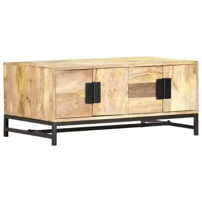 Tavolino Basso con Contenitore - Realizzato in Legno Massello di Mango con Gambe in Acciaio Verniciato a Polvere, Design Rustico e Industriale, Marrone