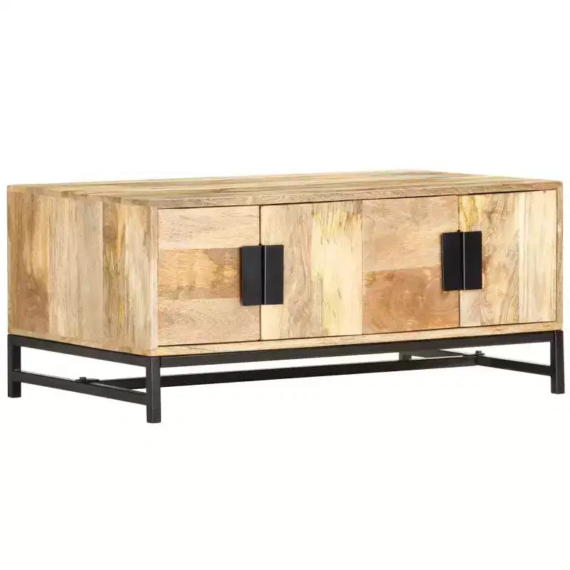 Tavolino Basso con Contenitore - Realizzato in Legno Massello di Mango con Gambe in Acciaio Verniciato a Polvere, Design Rustico e Industriale, Marrone