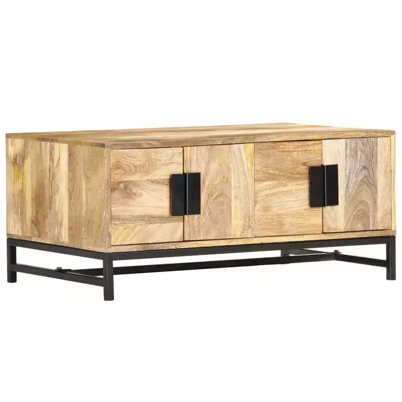 Tavolino Basso con Contenitore - Realizzato in Legno Massello di Mango con Gambe in Acciaio Verniciato a Polvere, Design Rustico e Industriale, Marrone