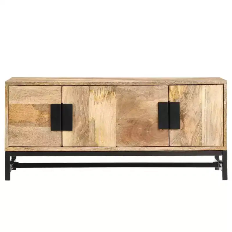 Tavolino Basso con Contenitore - Realizzato in Legno Massello di Mango con Gambe in Acciaio Verniciato a Polvere, Design Rustico e Industriale, Marrone