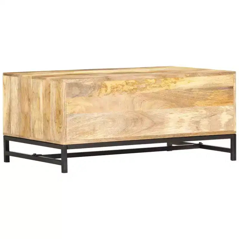 Tavolino Basso con Contenitore - Realizzato in Legno Massello di Mango con Gambe in Acciaio Verniciato a Polvere, Design Rustico e Industriale, Marrone