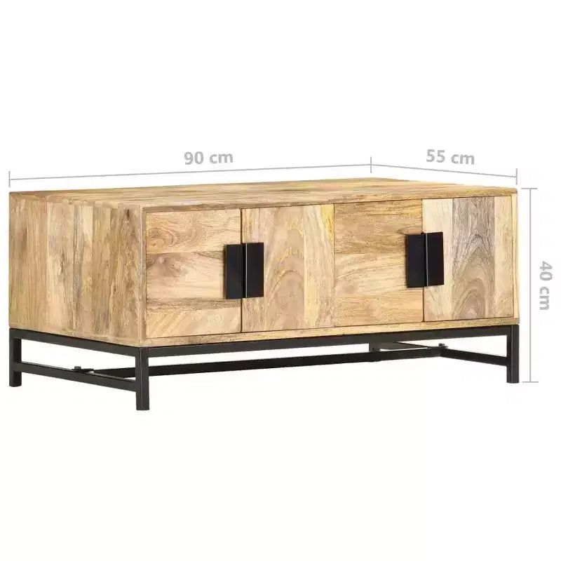 Tavolino Basso con Contenitore - Realizzato in Legno Massello di Mango con Gambe in Acciaio Verniciato a Polvere, Design Rustico e Industriale, Marrone