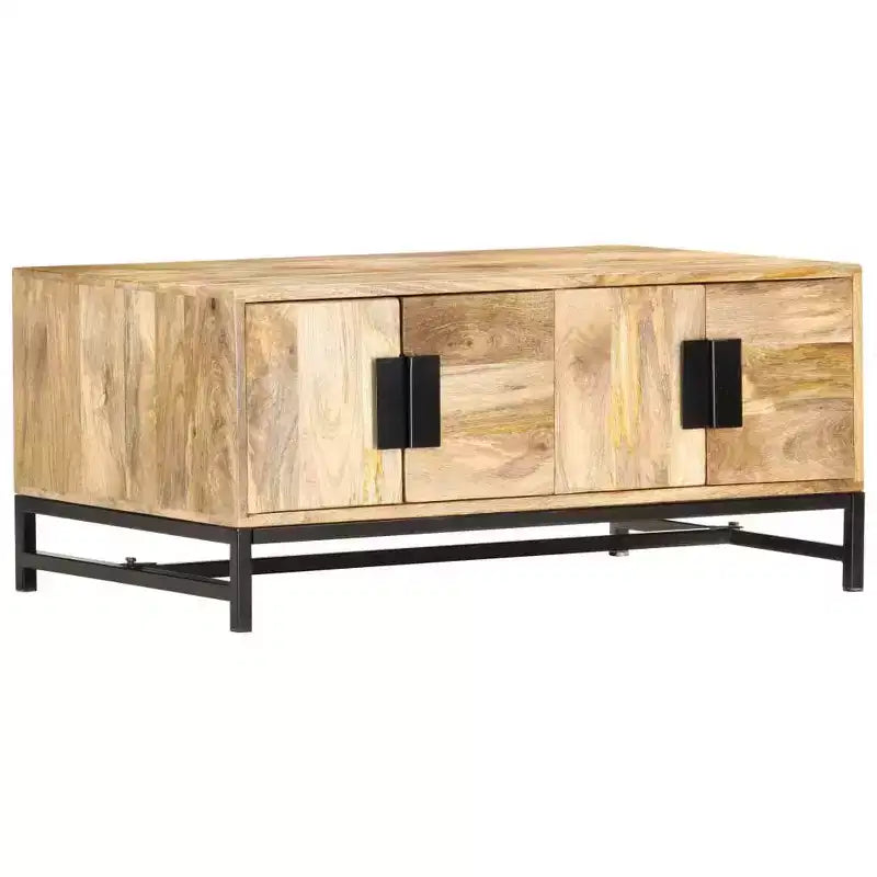 Tavolino Basso con Contenitore - Realizzato in Legno Massello di Mango con Gambe in Acciaio Verniciato a Polvere, Design Rustico e Industriale, Marrone