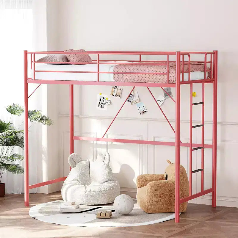 Letto a soppalco singolo con pioli piatti per adulti, bambini e ragazzi, non richiede la rete a molle, supporto a doghe in metallo resistente, rosa