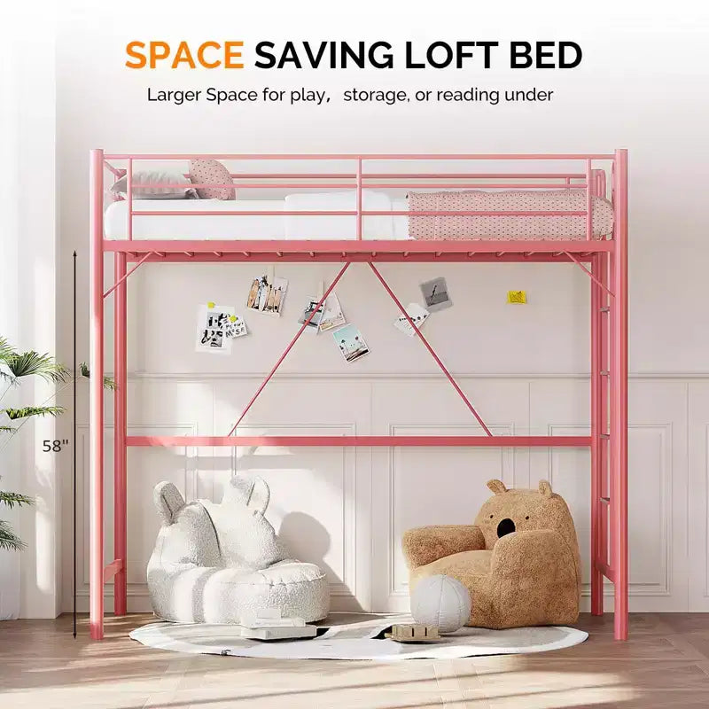 Letto a soppalco singolo con pioli piatti per adulti, bambini e ragazzi, non richiede la rete a molle, supporto a doghe in metallo resistente, rosa