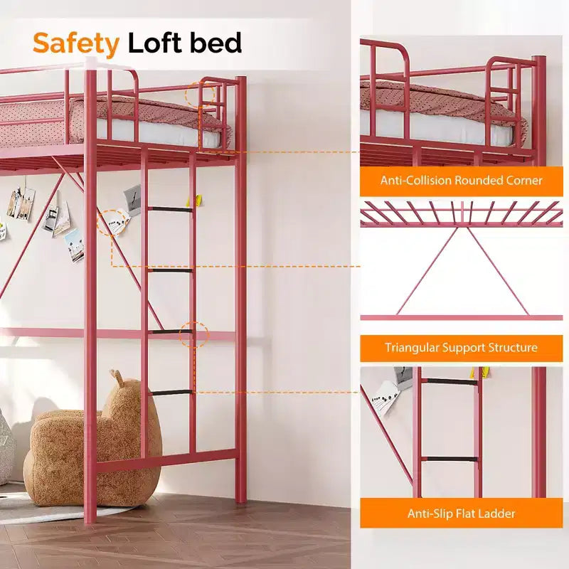 Letto a soppalco singolo con pioli piatti per adulti, bambini e ragazzi, non richiede la rete a molle, supporto a doghe in metallo resistente, rosa
