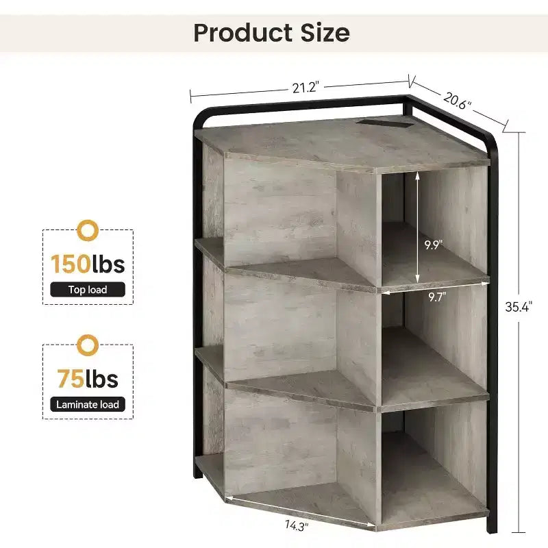 Mobile Angolare con Stazione di Ricarica, Libreria Triangolare a 3 Ripiani con Porte USB, Prese e Organizzatore a 9 Cubi per Camera da Letto, Ufficio, Soggiorno