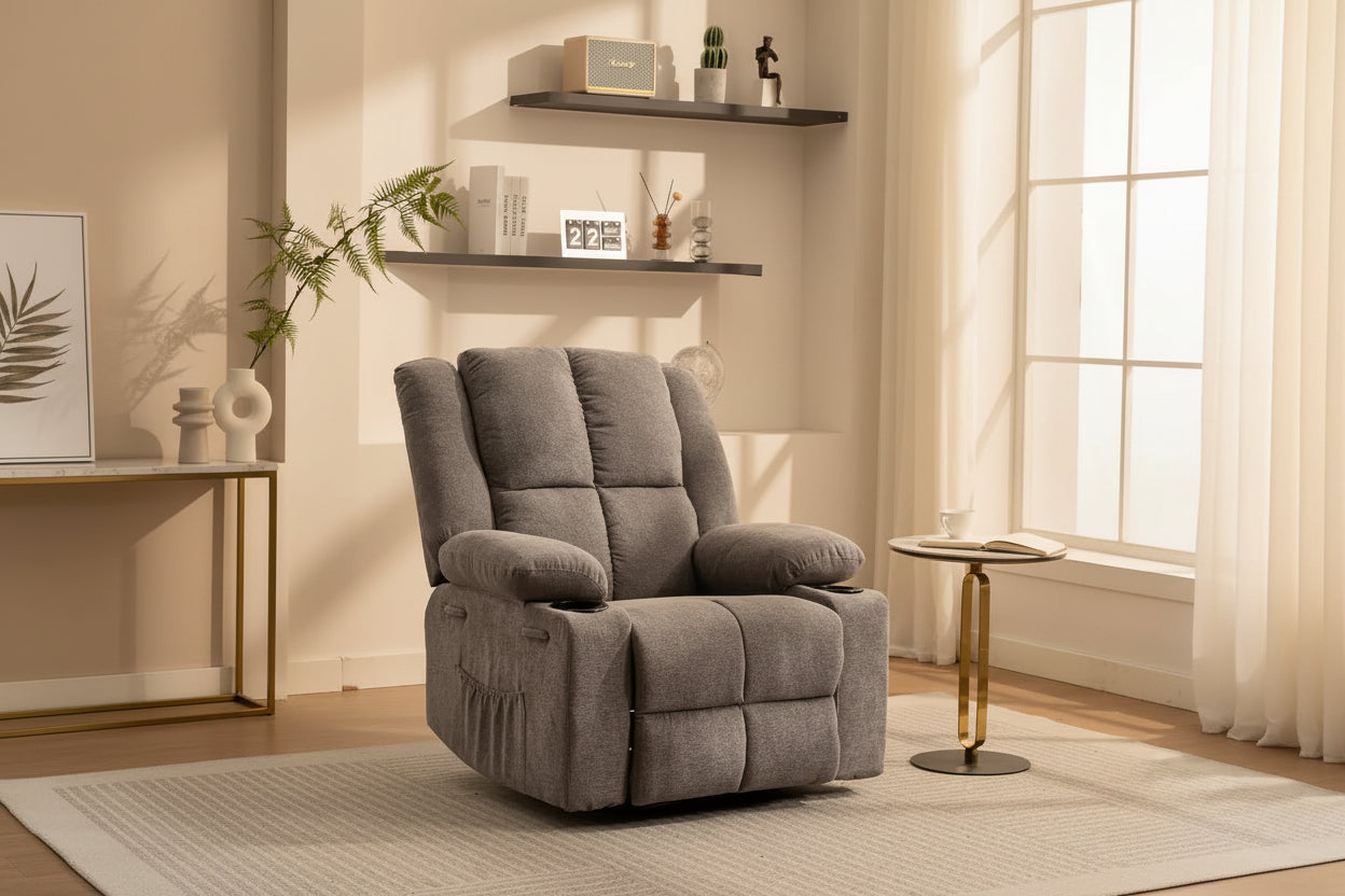 Poltrona Reclinabile Massaggiante Oversize, Divano Singolo, Tasca Laterale, 2 Portabicchieri, Poltrona Reclinabile Ergonomica Imbottita in Tessuto Traspirante, per Soggiorno