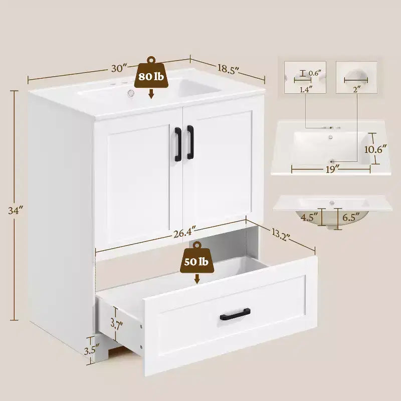 Mobile lavabo da bagno moderno a libera installazione da 86 cm con lavello, bianco