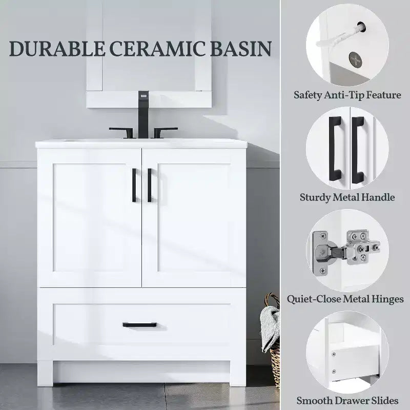 Mobile lavabo da bagno moderno a libera installazione da 86 cm con lavello, bianco