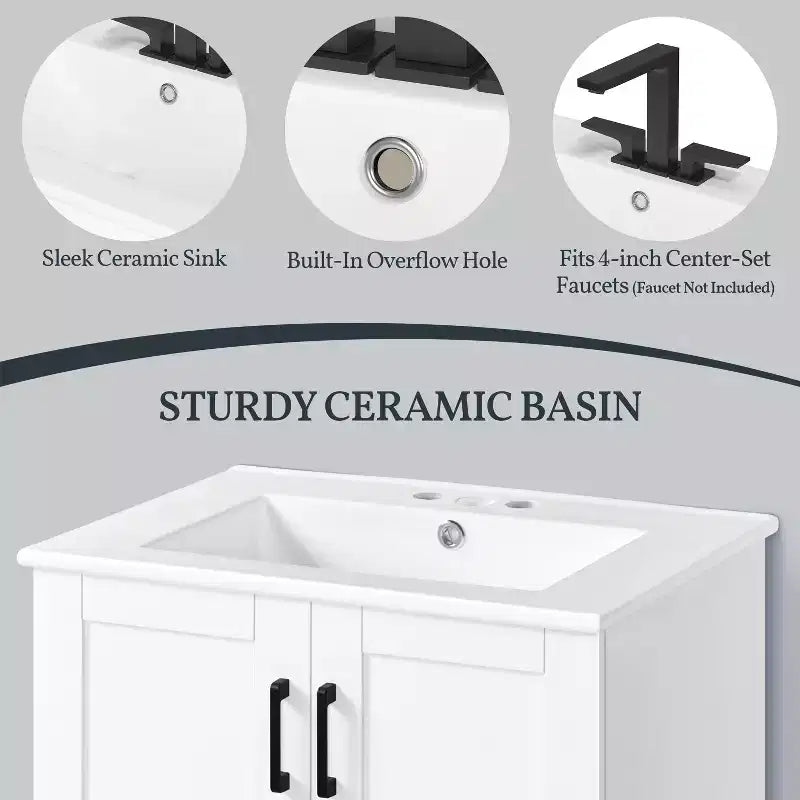 Mobile lavabo da bagno moderno a libera installazione da 86 cm con lavello, bianco