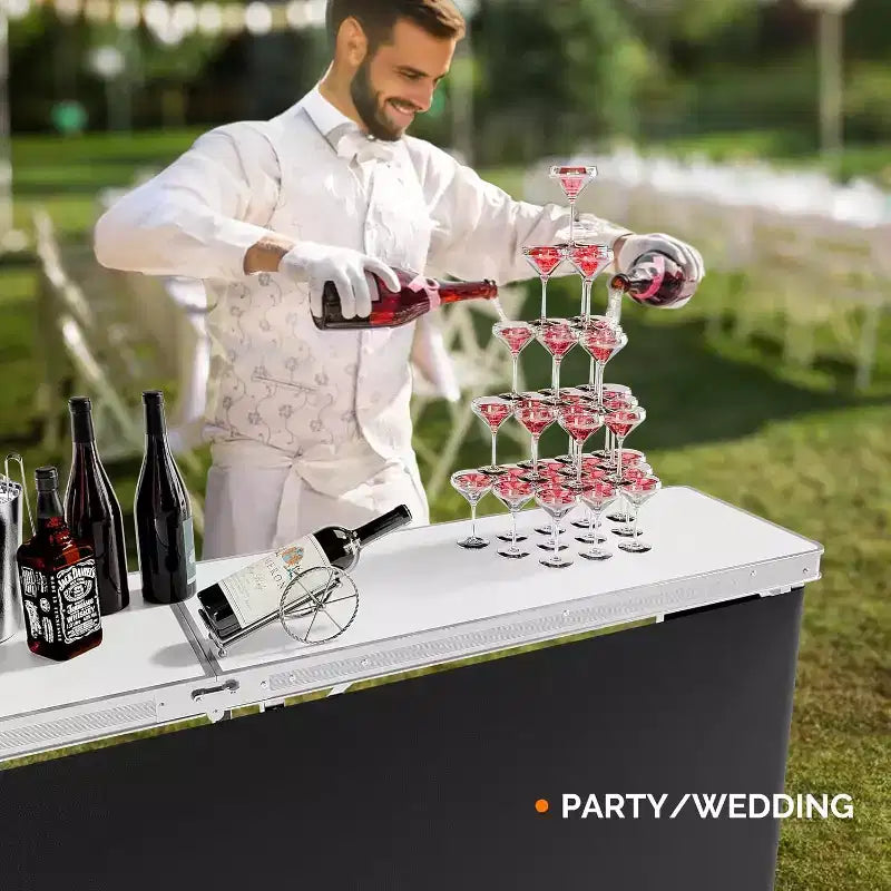 Tavolo da Bar Portatile da 78", Scaffali a 2 Livelli, Tavolo da Bar Mobile per Eventi, Feste, Campeggio, Picnic, Fieristici, Interni con Gonna Nera