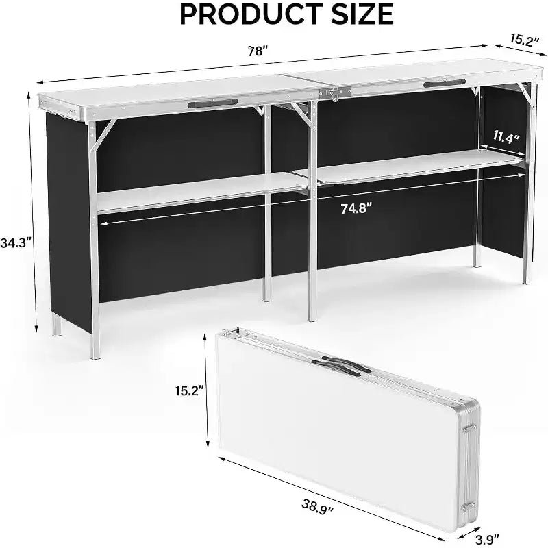 Tavolo da Bar Portatile da 78", Scaffali a 2 Livelli, Tavolo da Bar Mobile per Eventi, Feste, Campeggio, Picnic, Fieristici, Interni con Gonna Nera