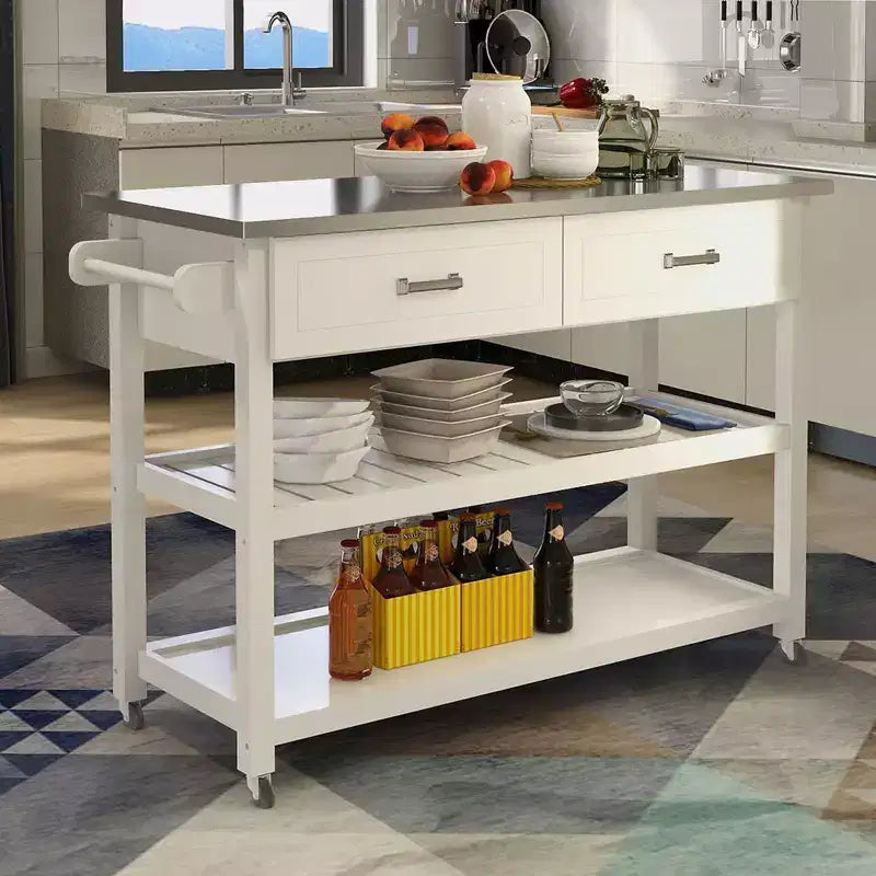 Tavolo con isola da cucina con piano in acciaio inossidabile, carrello da cucina con 2 cassetti e 2 ripiani aperti, organizer da piano di lavoro per la cucina, bianco