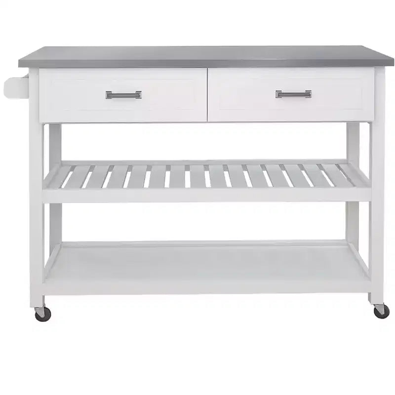 Tavolo con isola da cucina con piano in acciaio inossidabile, carrello da cucina con 2 cassetti e 2 ripiani aperti, organizer da piano di lavoro per la cucina, bianco