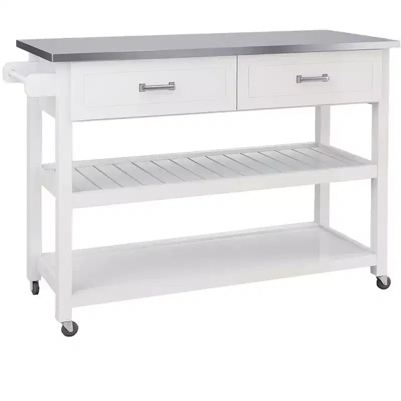 Tavolo con isola da cucina con piano in acciaio inossidabile, carrello da cucina con 2 cassetti e 2 ripiani aperti, organizer da piano di lavoro per la cucina, bianco