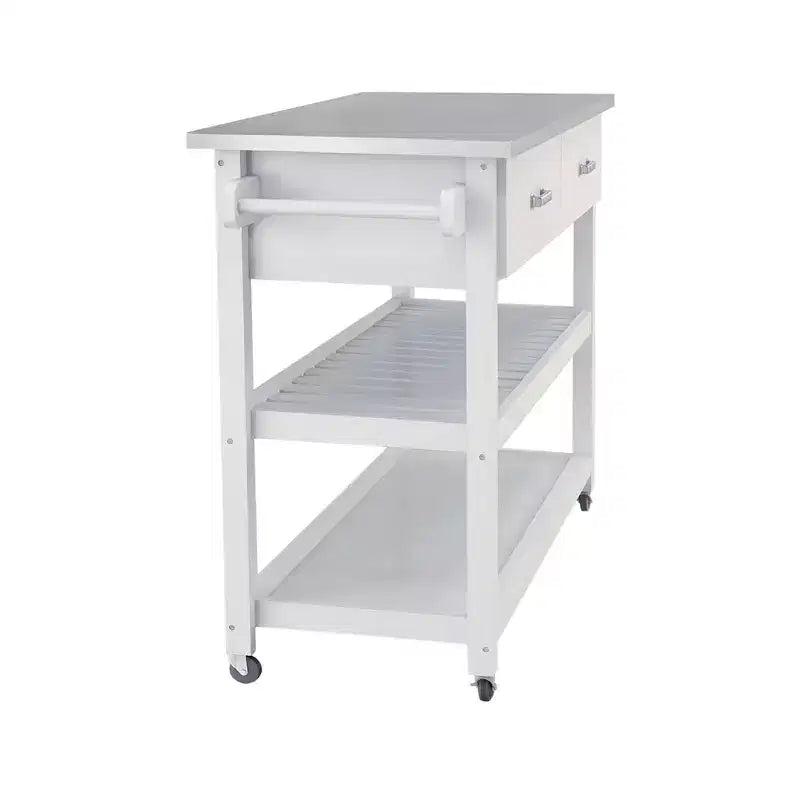 Tavolo con isola da cucina con piano in acciaio inossidabile, carrello da cucina con 2 cassetti e 2 ripiani aperti, organizer da piano di lavoro per la cucina, bianco