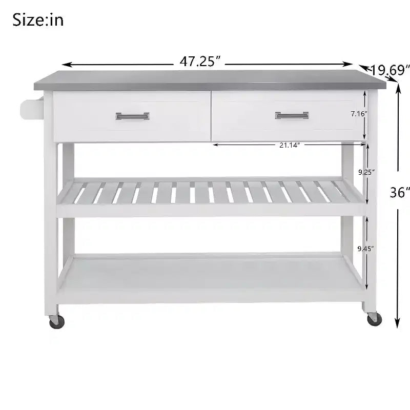 Tavolo con isola da cucina con piano in acciaio inossidabile, carrello da cucina con 2 cassetti e 2 ripiani aperti, organizer da piano di lavoro per la cucina, bianco