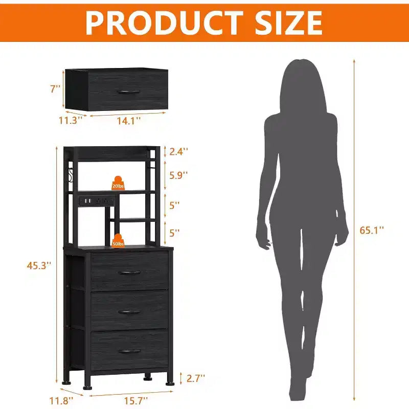 Comodino alto 115 cm con stazione di ricarica USB e luce, Comodino libreria con 3 cassetti in tessuto per camera da letto piccola e dormitorio, Finitura nera
