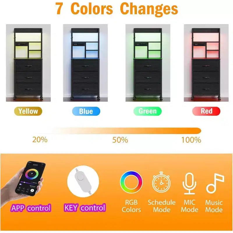 Comodino alto 115 cm con stazione di ricarica USB e luce, Comodino libreria con 3 cassetti in tessuto per camera da letto piccola e dormitorio, Finitura nera