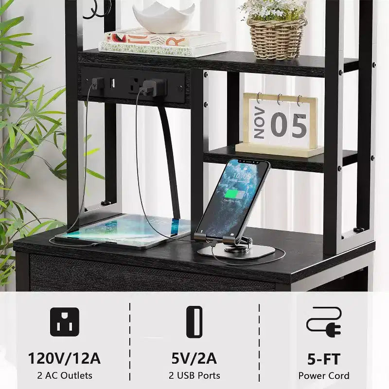 Comodino alto 115 cm con stazione di ricarica USB e luce, Comodino libreria con 3 cassetti in tessuto per camera da letto piccola e dormitorio, Finitura nera