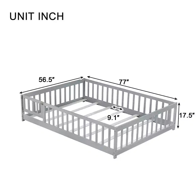 Letto completo a pavimento con recinzione e porta, struttura letto a piattaforma per bambini in legno massello