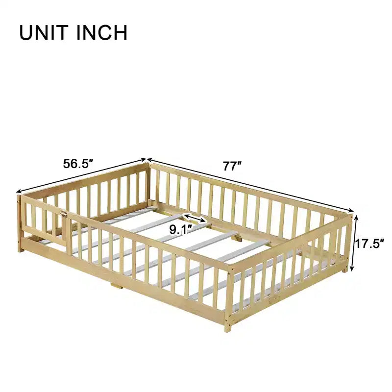 Letto completo a pavimento con recinzione e porta, struttura letto a piattaforma per bambini in legno massello