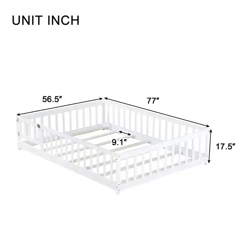 Letto completo a pavimento con recinzione e porta, struttura letto a piattaforma per bambini in legno massello
