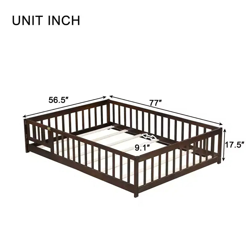 Letto completo a pavimento con recinzione e porta, struttura letto a piattaforma per bambini in legno massello