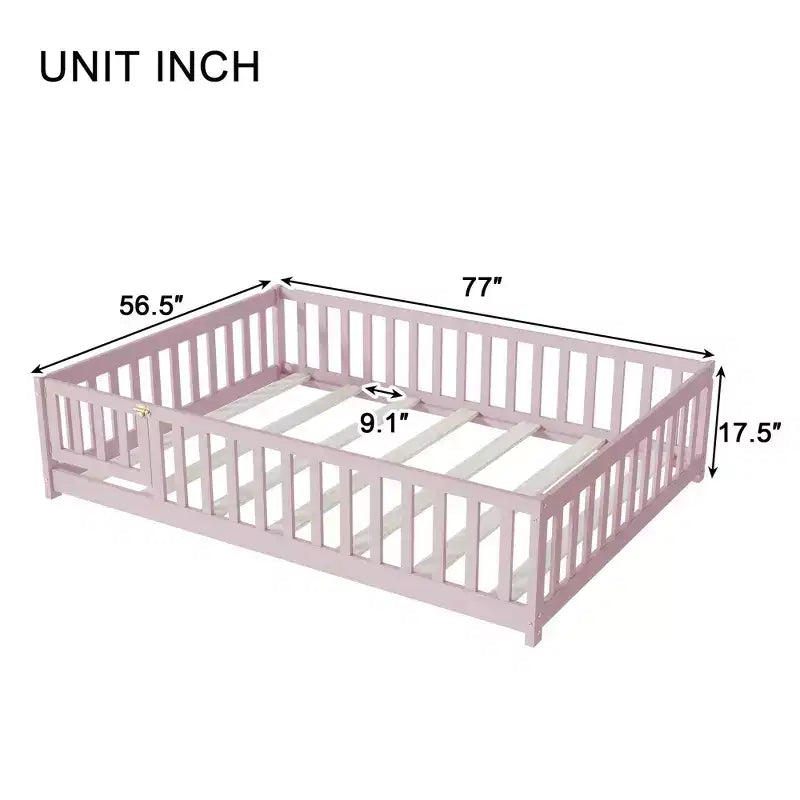 Letto completo a pavimento con recinzione e porta, struttura letto a piattaforma per bambini in legno massello