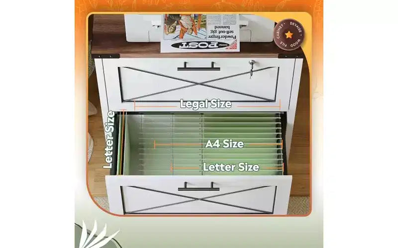 Classificatore laterale con serratura, 2 cassetti e stazione di ricarica, supporto per stampante in legno stile rustico con ampio spazio di archiviazione